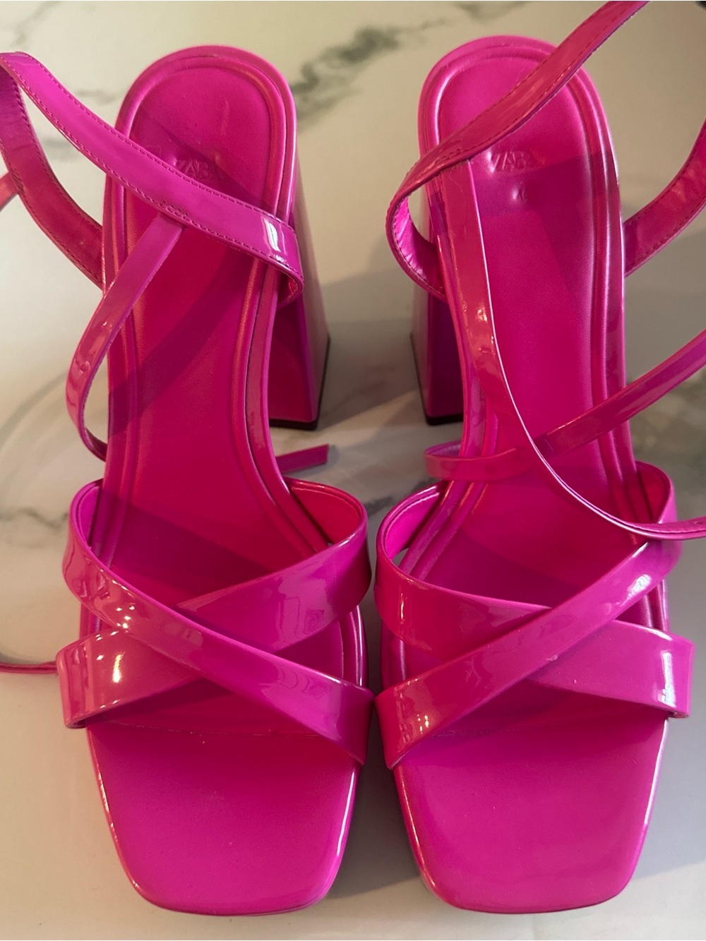 Zara Fuchsia Patent Strappy Block Heel Sandals